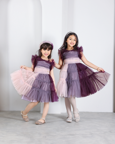 فستان أطفال ناعم تل باللون الوردي والبنفسجي