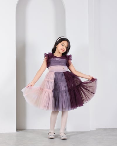 فستان أطفال ناعم تل باللون الوردي والبنفسجي