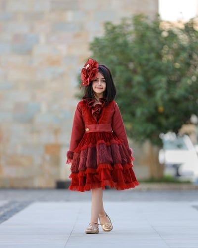 فستان أطفال بالتفته والفرو الممزوج بالتل