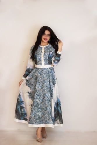 فستان نسائي بخامة تركية مشجره واطراف التفته