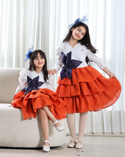 فستان بناتي كتان لنن بطبقات أورنج ولمسة كحلي أنيق