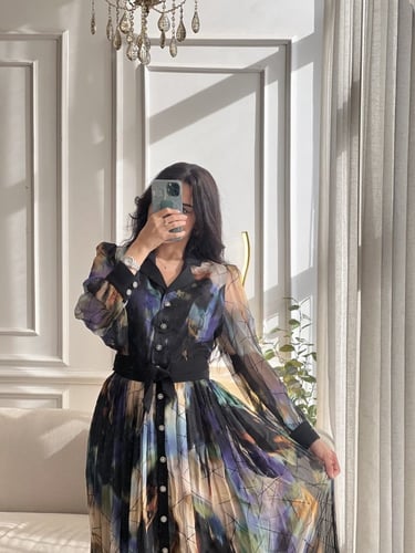 فستان نسائي تركي تل مشجر بخطوط مخملية بارزة