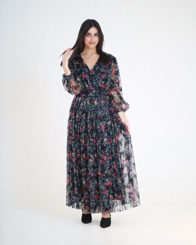 فستان نسائي تل مشجر بورود مخملية بارزة