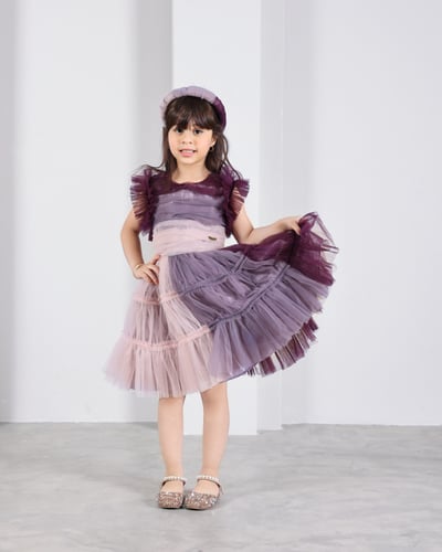 فستان أطفال ناعم تل باللون الوردي والبنفسجي