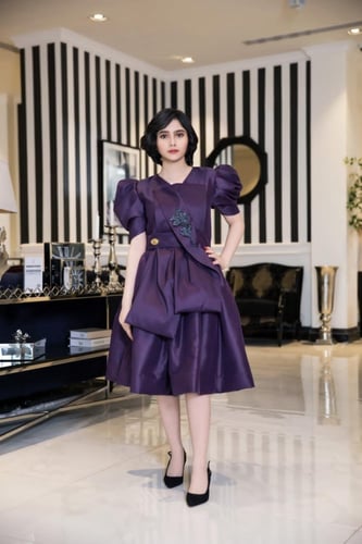 فستان السن المحير تفته بنمط خصر فيونكه واكمام بف