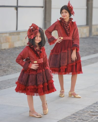 فستان أطفال بالتفته والفرو الممزوج بالتل