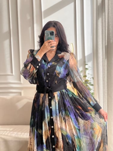 فستان نسائي تركي تل مشجر بخطوط مخملية بارزة