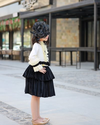 فستان أطفال بخامة الكتان والمخمل وكلفة الدانتيل