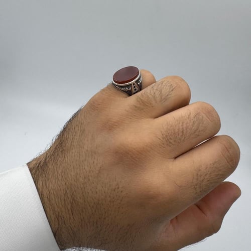 خاتم فضة ملكي رجالي (أحمر) عيار 925 متوج بحجر الأو...