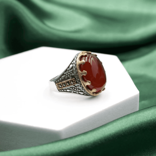 خاتم فضة عيار 925 بحجر العقيق الأحمر بتصميم مزين ب...