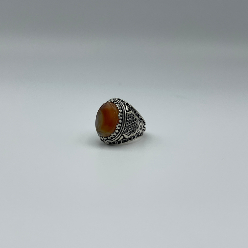 خاتم فضة رجالي متوج بالعقيق اليمني عيار 925 (بكيلي...