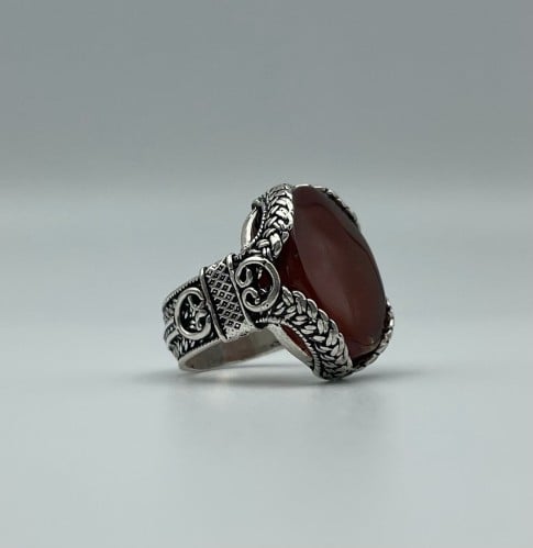 خاتم فضة نجـراني عيار 925 بالعقيق الأحمر اليماني ب...