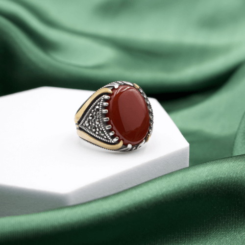 خاتم فضة عيار 925 بحجر العقيق الأحمر بتصميم مزين ب...