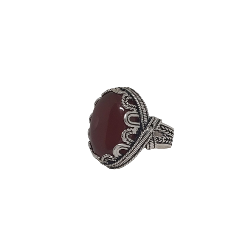 خاتم نجراي فضة عيار 925 مزخرف بعقيق كبدي طبيعي بتص...