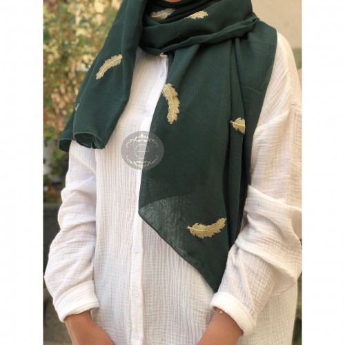 طرحة بوال بتطريز ريشة لون زيتي