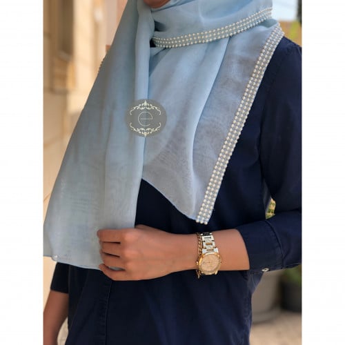 طرحة بوال سماوي مع لؤلؤ بطول الطرحة