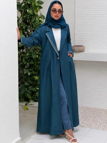 عباية ( مزن تركواز ) لينن مع تطريز يدوي قصة بليزر