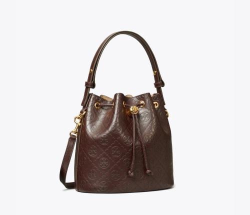 T MONOGRAM LEATHER BUCKET BAG