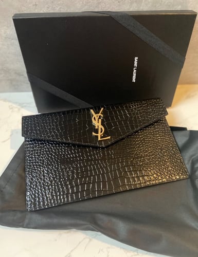 سان لوران | UPTOWN POUCH IN CROCODILE EMBOSSED SHI...