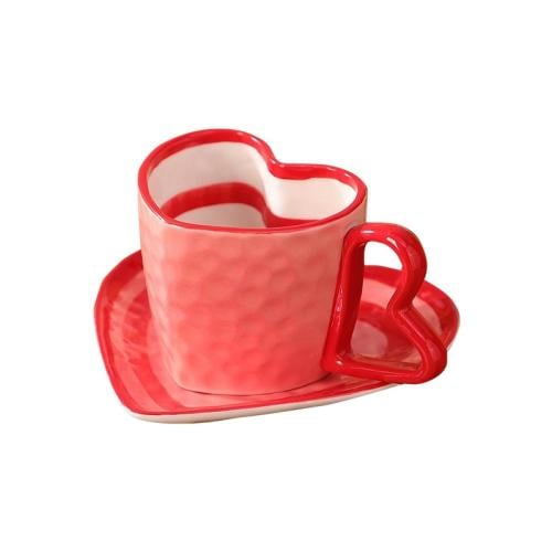 Ceramic heart mug with saucer, 290 ml - pink and r...