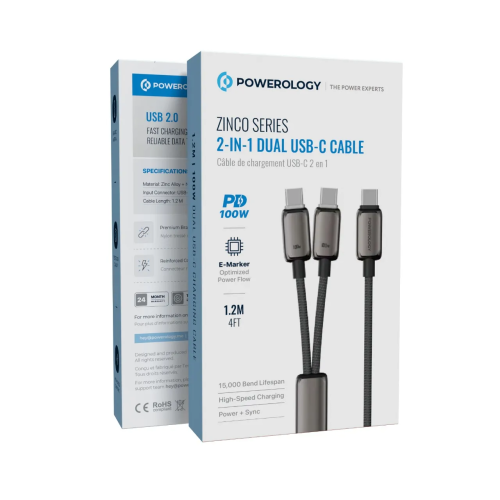 كابل USB-C مزدوج 2 في 1 من سلسلة Powerology Zinco...