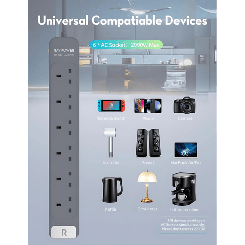 توصيلة راف باور 6 منافذ بقوة 3150 واط - رمادي