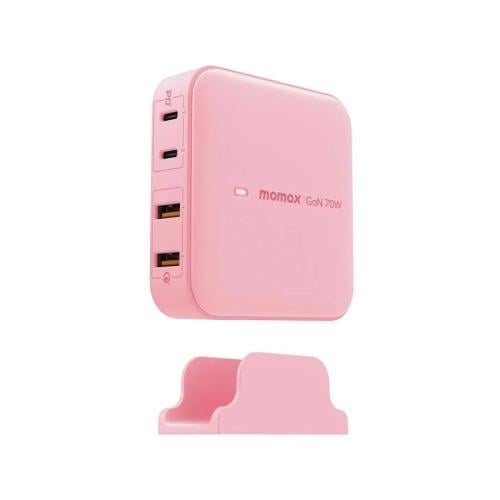 موماكس - منصة مكتبية ONEPLUG بتقنية GaN بمنفذين USB-C ومنفذين USB بقوة 70 واط - وردي