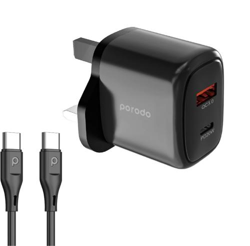 شاحن Porodo 20W+QC USB A+C في المملكة المتحدة مع ك...