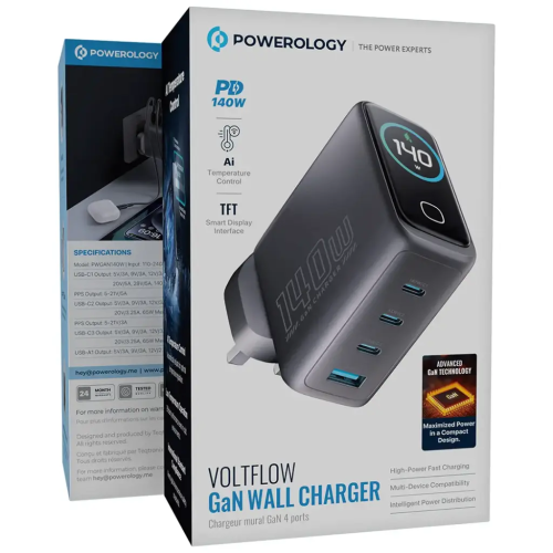 شاحن حائطي Powerology Voltflow GaN PD 140W - أسود