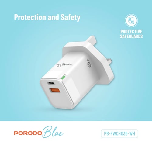 راس شاحن جداري 20 واط بمخرجين بورودو بلو Porodo Bl...