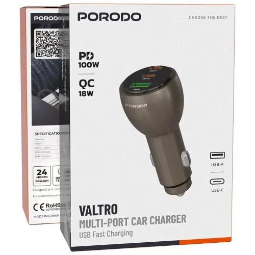 شاحن سيارة سريع 130 واط ثلاث منافذ USB C و USB A Porodo Valtro 130W Car Charger