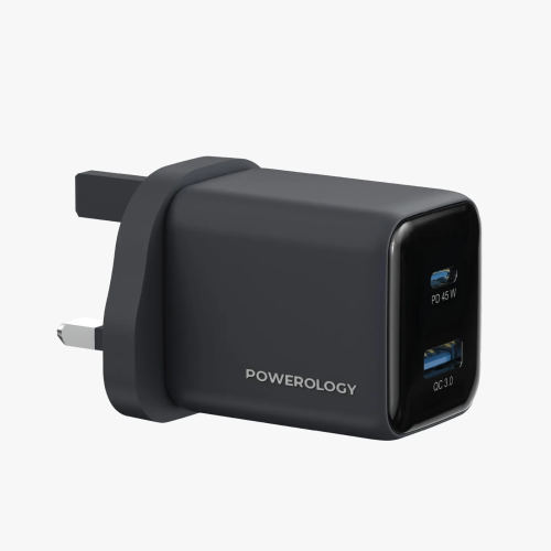 شاحن جداري 45 واط بمنفذين USB-C وUSB-A لون أسود بو...
