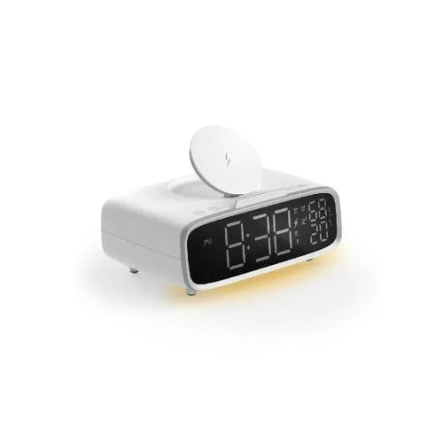 مكبر صوت وشاحن لاسلكي وساعة موماكس مع إضاءة ليلية ومنبة QC5W - أبيض