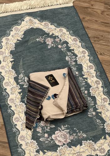 طقم صلاة فيروزي مورد مع شرشف كروشيه