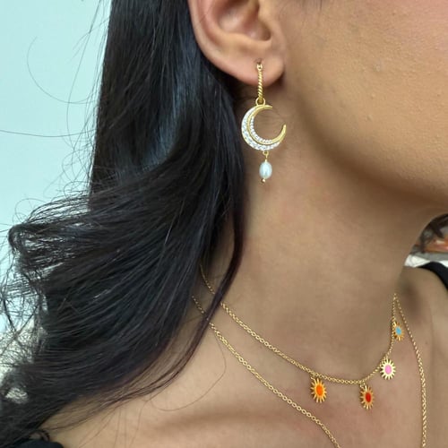 حلق شمسي وقمري من اللؤلؤ الزراعي مطليه بالذهب earr...