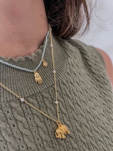 سلسال كف فاطمة مطلي بالذهب من حجر الأمازونايت السم...