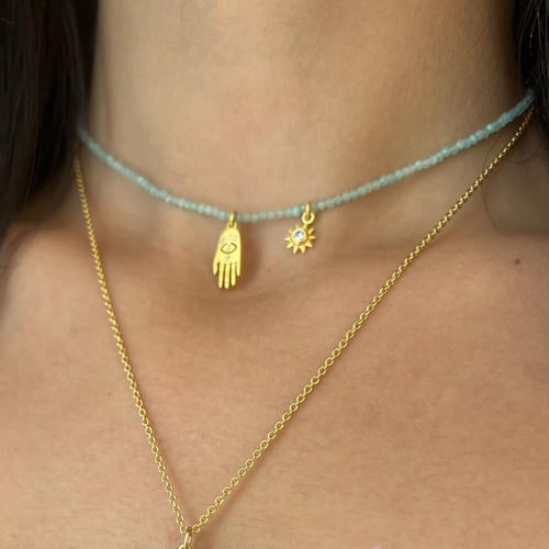 سلسال كف فاطمة مطلي بالذهب من حجر الأمازونايت السم...