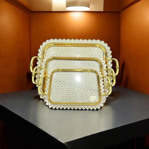 طقم 3 صواني ذهبية ملكية فاخرة بتصميم أنيق ومتين لل...