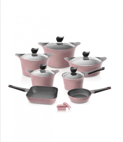 طقم قدور جرانيت كوري غطاء زجاج 12 قطعة من نيوفلام