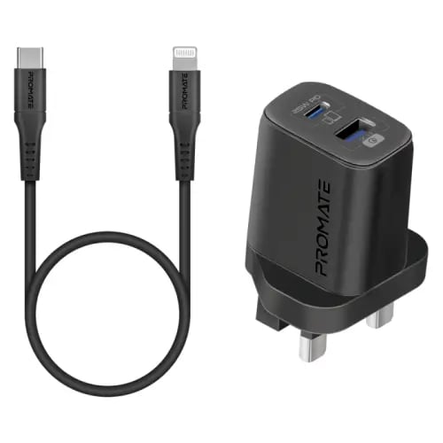 بروميت - محول وكابل USB-C™ مع شاحن AC ثنائي المنافذ، توصيل طاقة 25 واط، QC 3.0 بقدرة 18 واط، كابل سيليكون Type-C™ إلى Lightning بق...