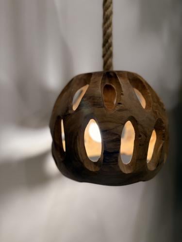 Wooden teak hanging chandelier, one meter long, decorated with burlap ropes (piece)