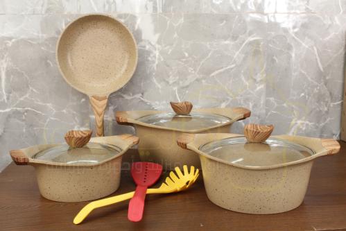 طقم قدور جرانيت بيج فاخر 9 قطع غطاء زجاج