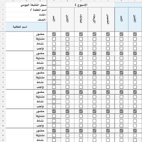 سجل متابعة للمعلمه