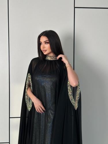 جلابية فراشة سوداء شيفون جورجيت شك على الاكمام