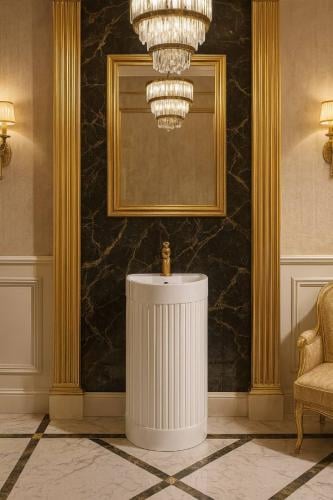 مغسلة حمام برميل دائري مودرن لون ابيض بدون مرايا