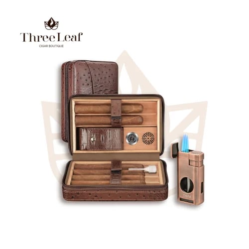 TISFA Brown Leather Travel Humidor Case with Light...