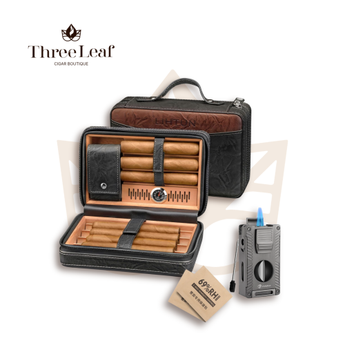 LIHTUN Black Leather Travel Humidor Setمجموعة ترطي...