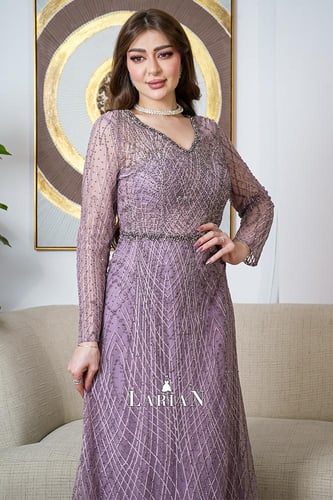 فستان موف مطرز بالكامل بأكمام طويلة - لاريان ستور