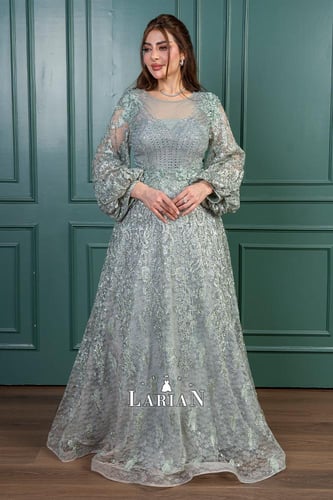 فستان دانتيل فيروزي بشجيرات كلوش راقي وفخم-لاريان...