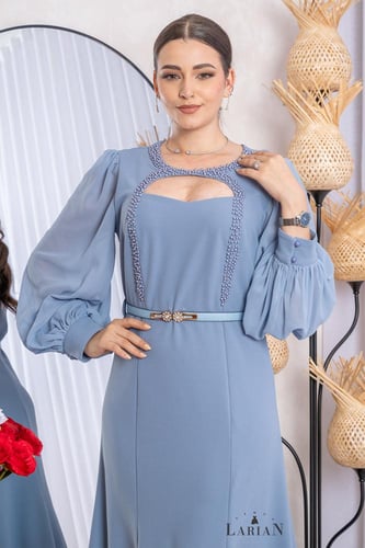 فستان سماوي مطرز باللؤلؤ - لاريان ستور